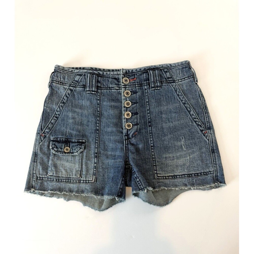 Pilcro Wanderer Denim Shorts 27 High Rise Button Fly Utility Raw Hem Blue